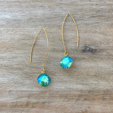 Rendezvous Collection, Light Turquoise GB Long V Wire Earrings, Yellow Gold