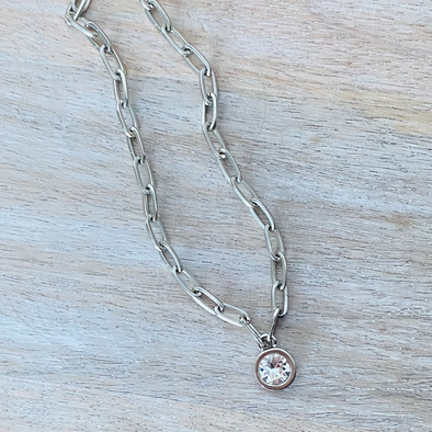 Clear 8mm Pendant with Oval Chain Necklace, Rhodium