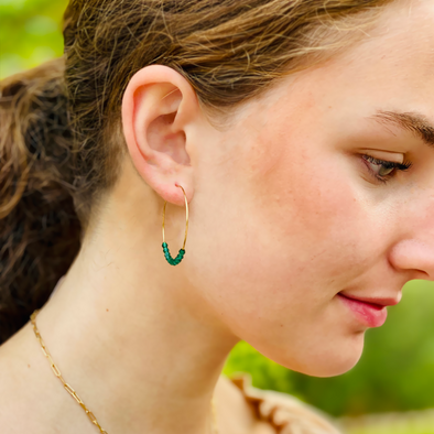 Emerald Bead Small Hoop Earrings, Gold