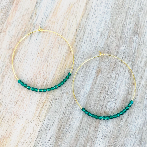 Emerald Bead Large Hoop Earrings, Gold