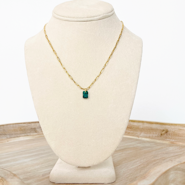 Emerald Green Emerald Cut Necklace, Gold