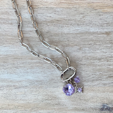 Lilac Oval Charm Necklace, Rhodium
