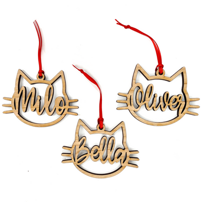 Custom Name Cat Face, Wood Ornament