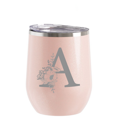 Glitter Blush Wine Tumbler with Custom Floral Initial, Wholesale