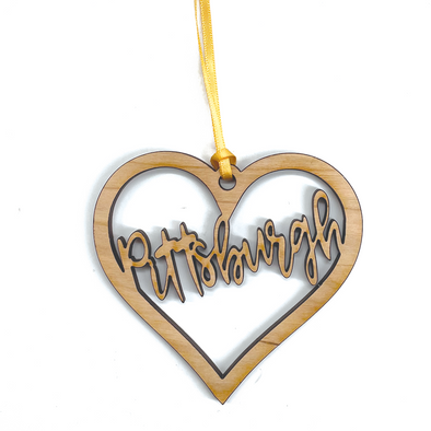 Pittsburgh Laser-Cut Cherry Wood Heart Ornament