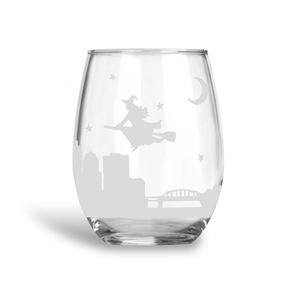 Pittsburgh Skyline Witch, Stemless Wine Glass